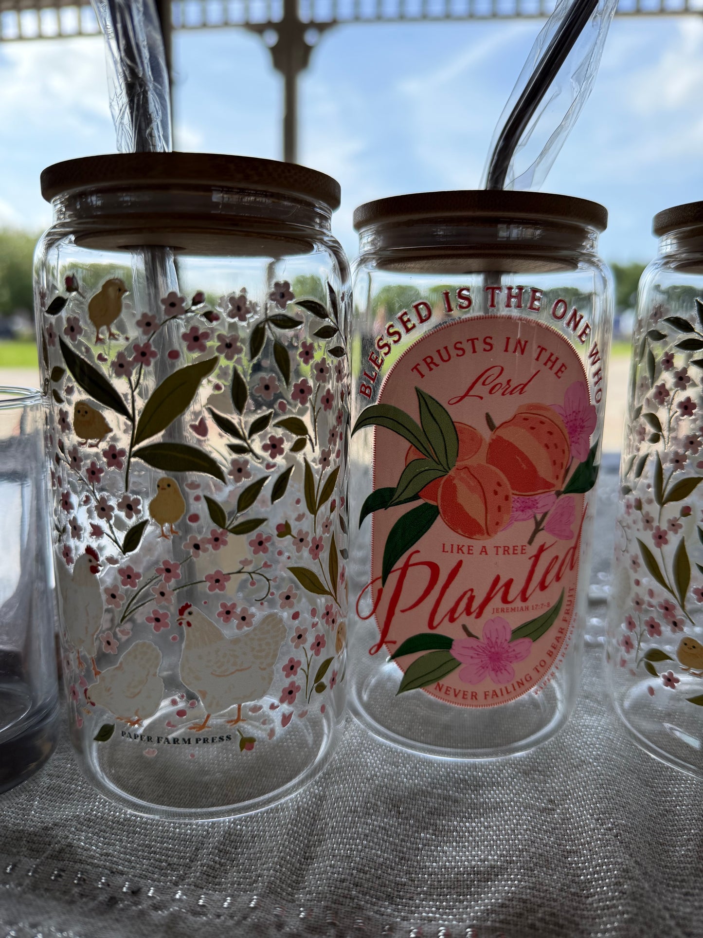 Peach Faith Glass Cup with Bamboo Lid & Stainless Steel Straw