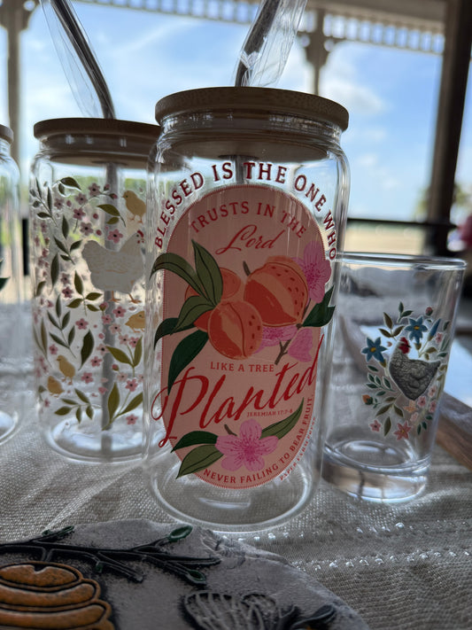 Peach Faith Glass Cup with Bamboo Lid & Stainless Steel Straw